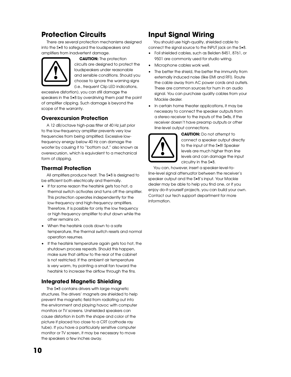 Protection circuits, Input signal wiring, Protection circuits input signal wiring | 10 protection circuits, Overexcursion protection, Thermal protection, Integrated magnetic shielding | Tapco S8 User Manual | Page 10 / 16