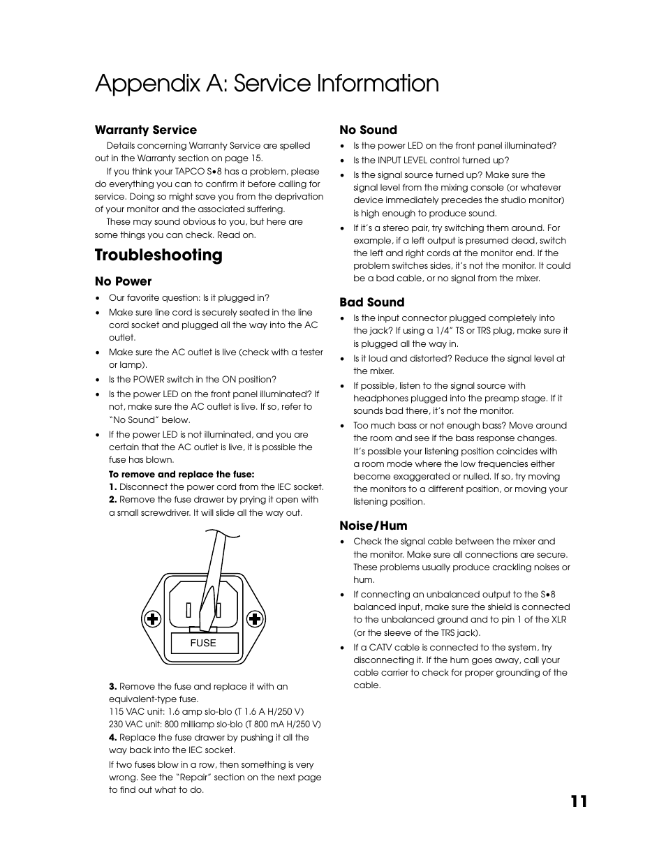 Appendix a: service information, Troubleshooting | Tapco S8 User Manual | Page 11 / 16