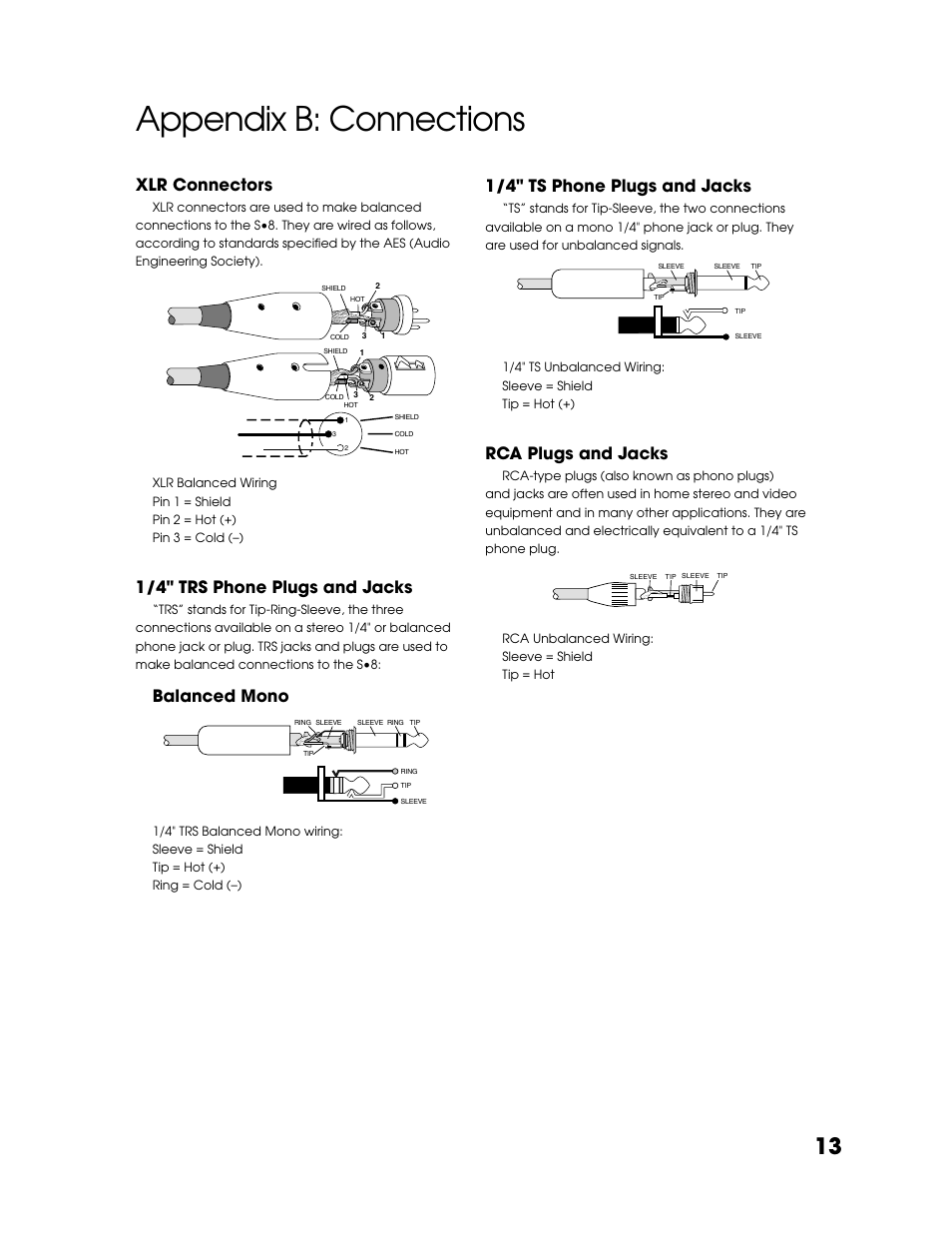 Appendix b: connections, Xlr connectors, 1/4" trs phone plugs and jacks | Balanced mono, 1/4" ts phone plugs and jacks, Rca plugs and jacks | Tapco S8 User Manual | Page 13 / 16