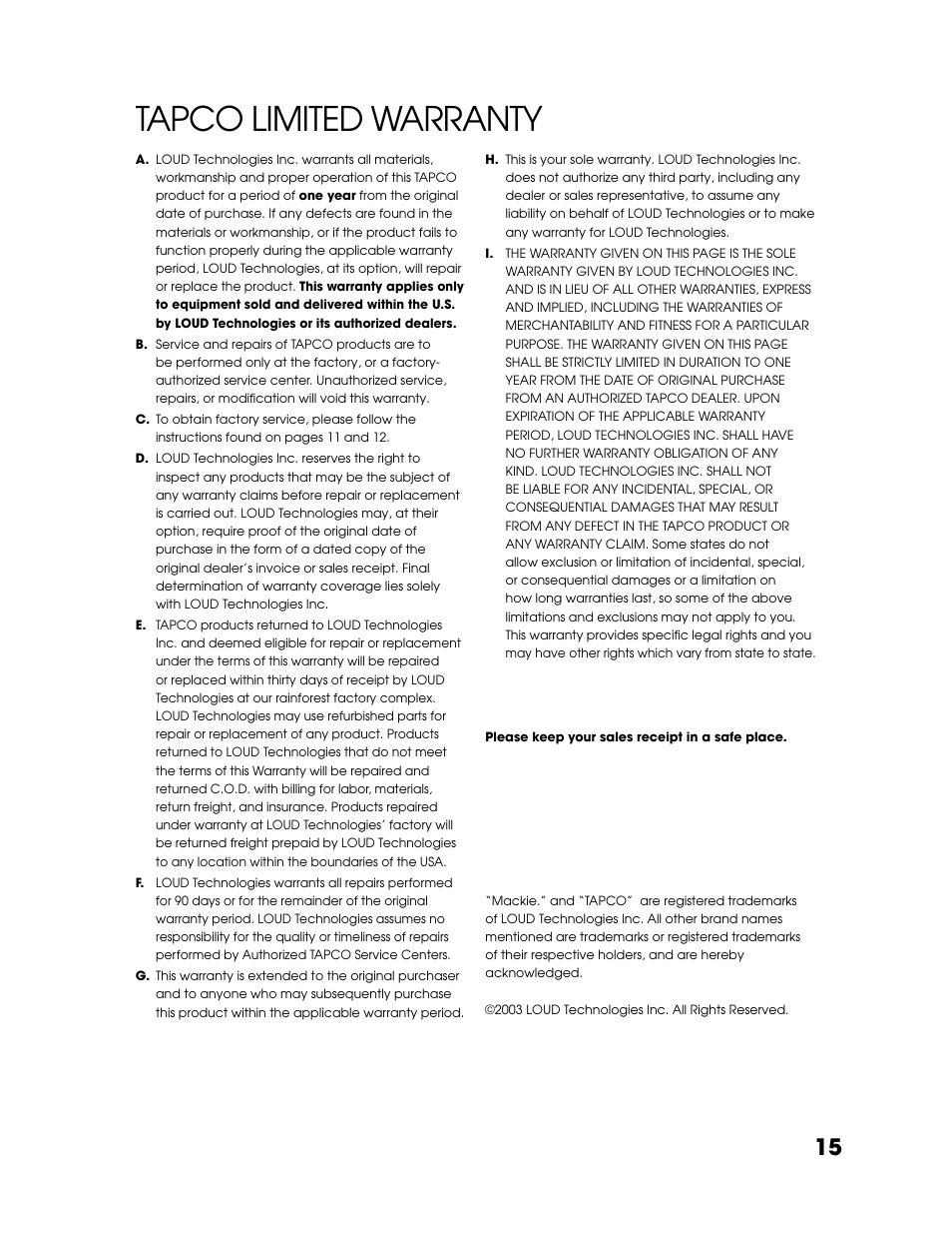 Tapco limited warranty | Tapco S8 User Manual | Page 15 / 16