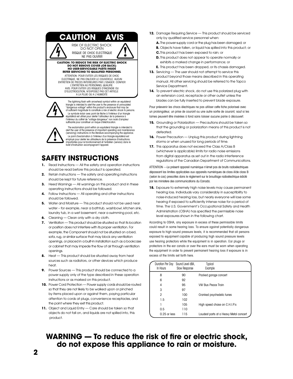 Safety instructions, Caution avis, 2safety instructions | Tapco S8 User Manual | Page 2 / 16