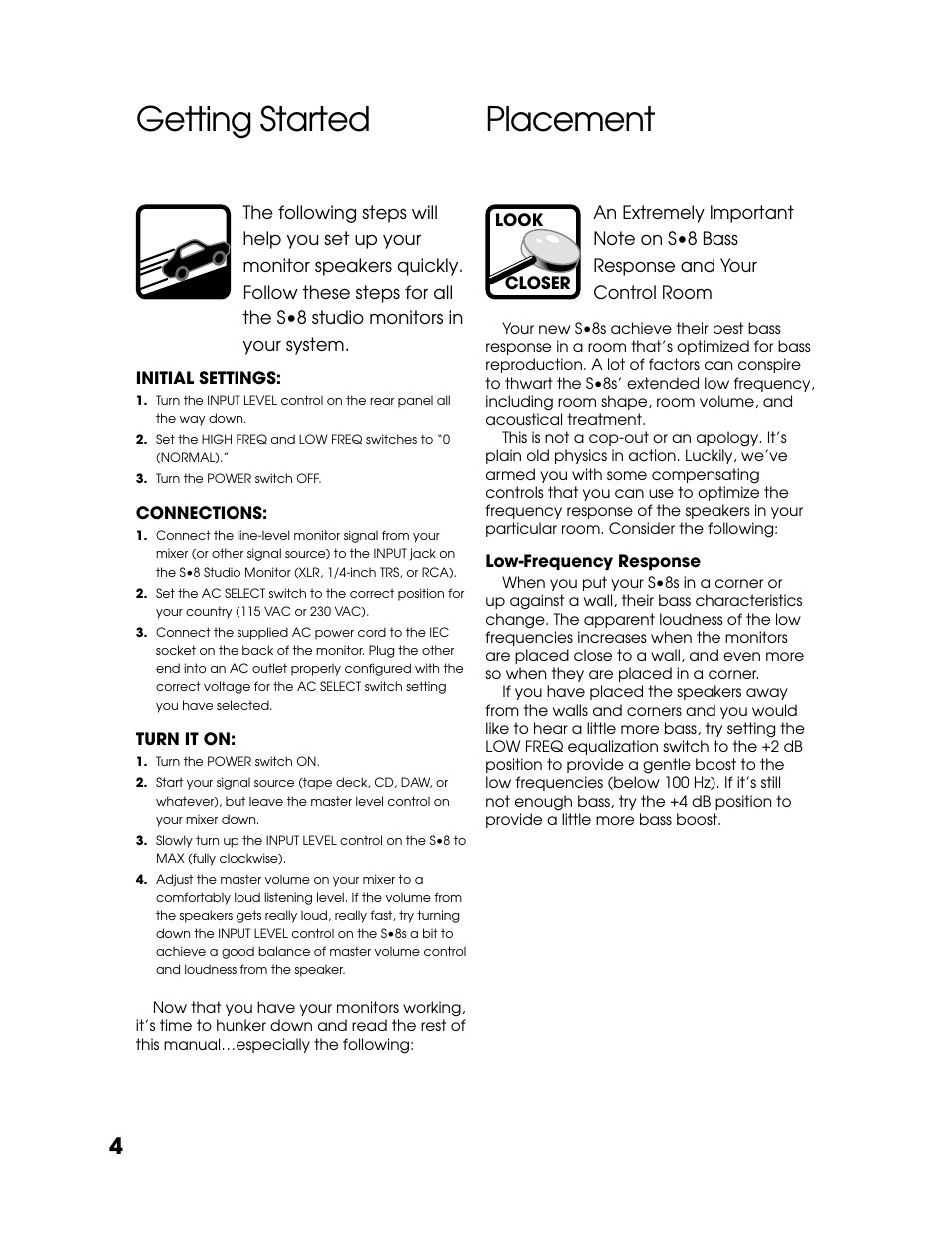 Getting started, Placement, Getting started placement | Tapco S8 User Manual | Page 4 / 16