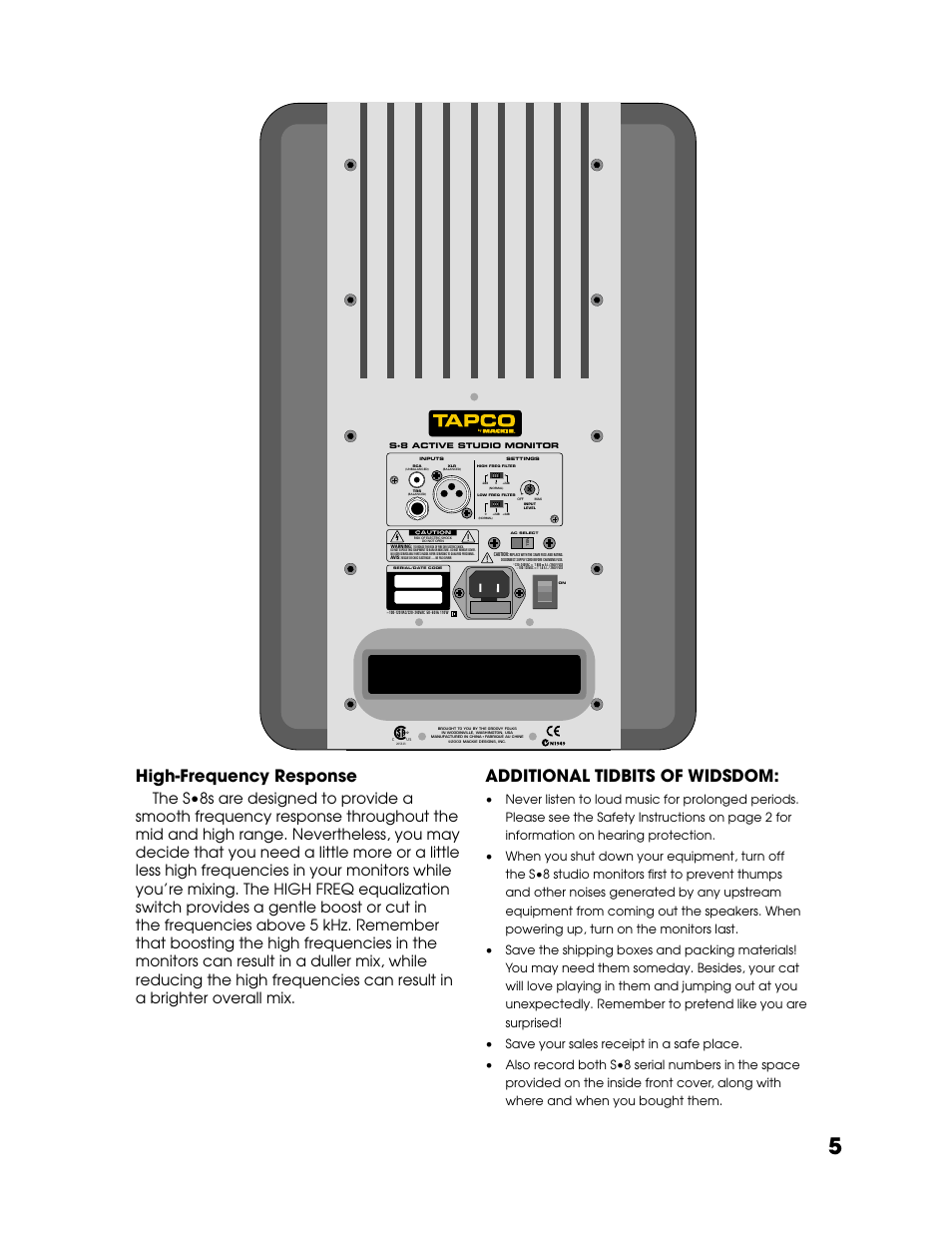 High-frequency response, Additional tidbits of widsdom | Tapco S8 User Manual | Page 5 / 16