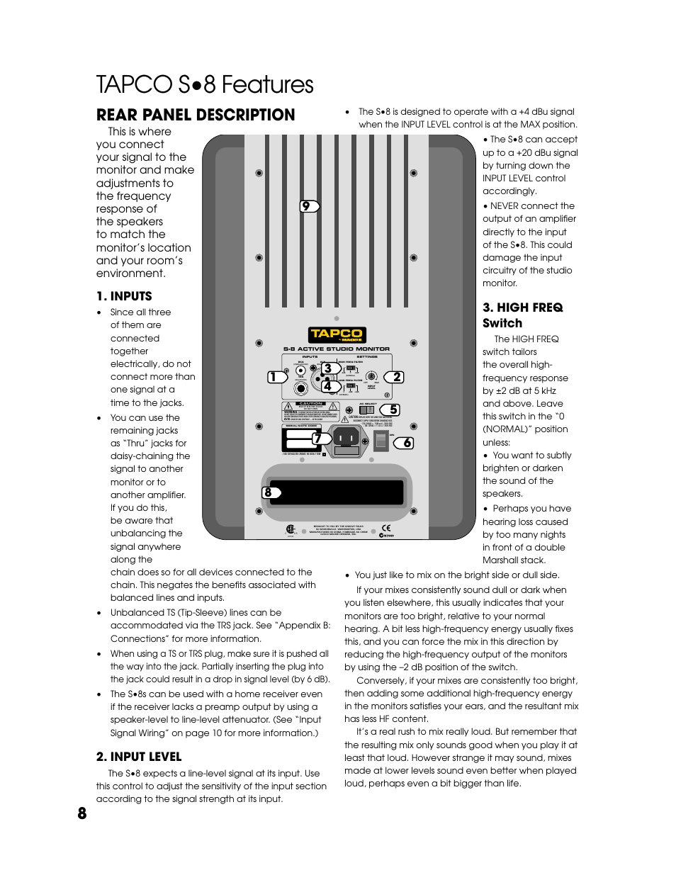Tapco s•8 features, Rear panel description, Inputs | Input level, High freq switch | Tapco S8 User Manual | Page 8 / 16
