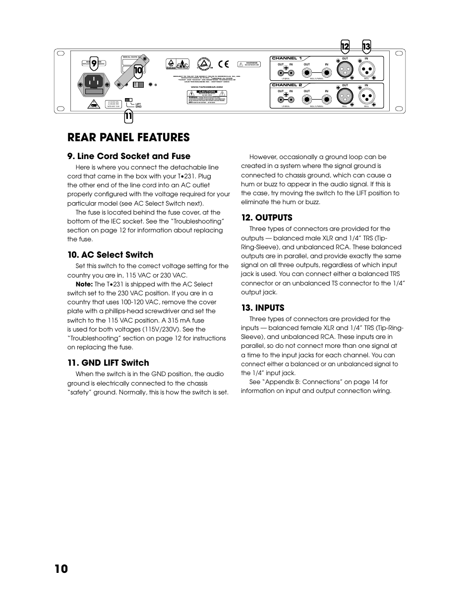 Rear panel features, Line cord socket and fuse, Ac select switch | Gnd lift switch, Outputs, Inputs, 10 rear panel features | Tapco T-231 User Manual | Page 10 / 20