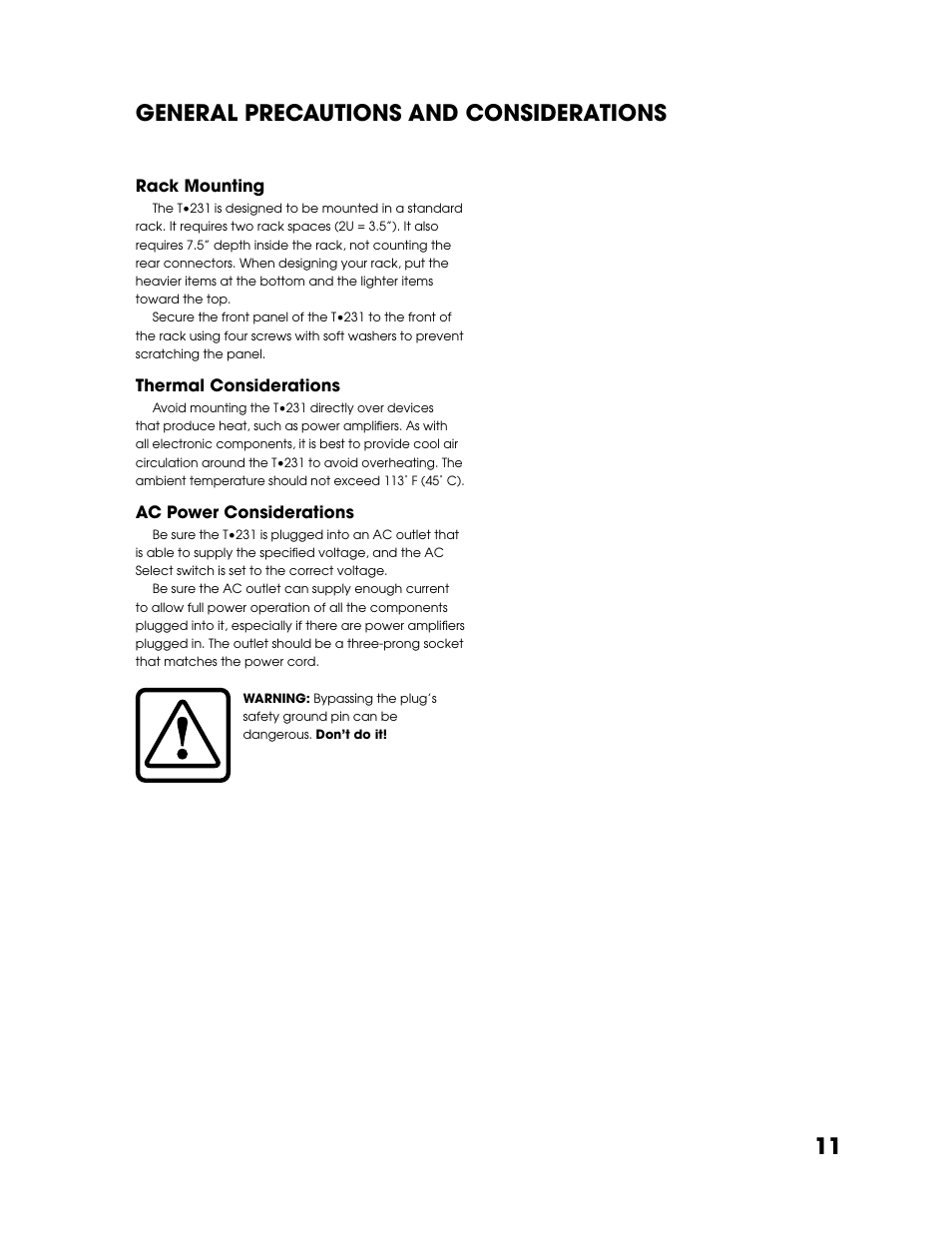 General precautions and considerations, Rack mounting, Thermal considerations | Ac power considerations, 11 general precautions and considerations | Tapco T-231 User Manual | Page 11 / 20