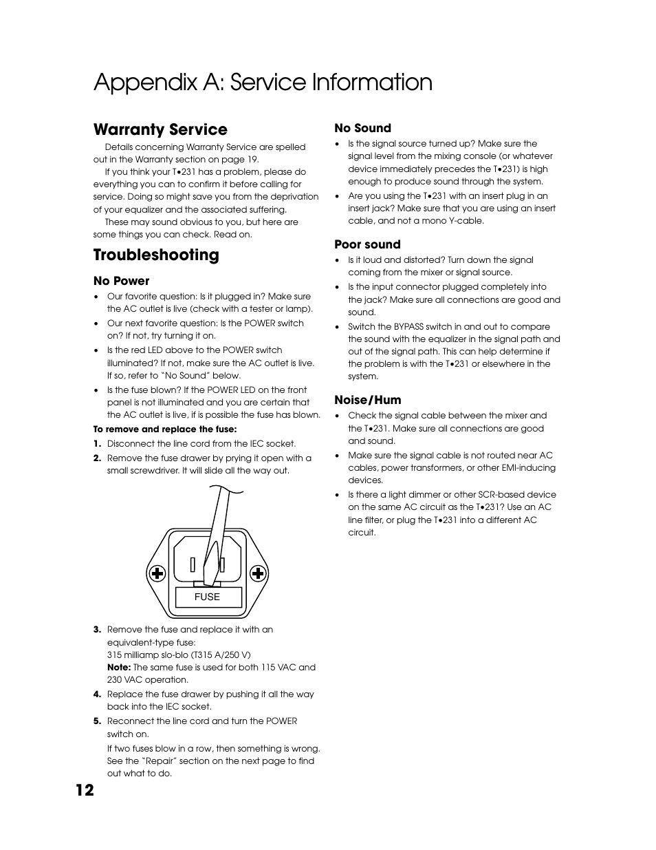 Appendix a: service information, Warranty service, Troubleshooting | Warranty service troubleshooting | Tapco T-231 User Manual | Page 12 / 20