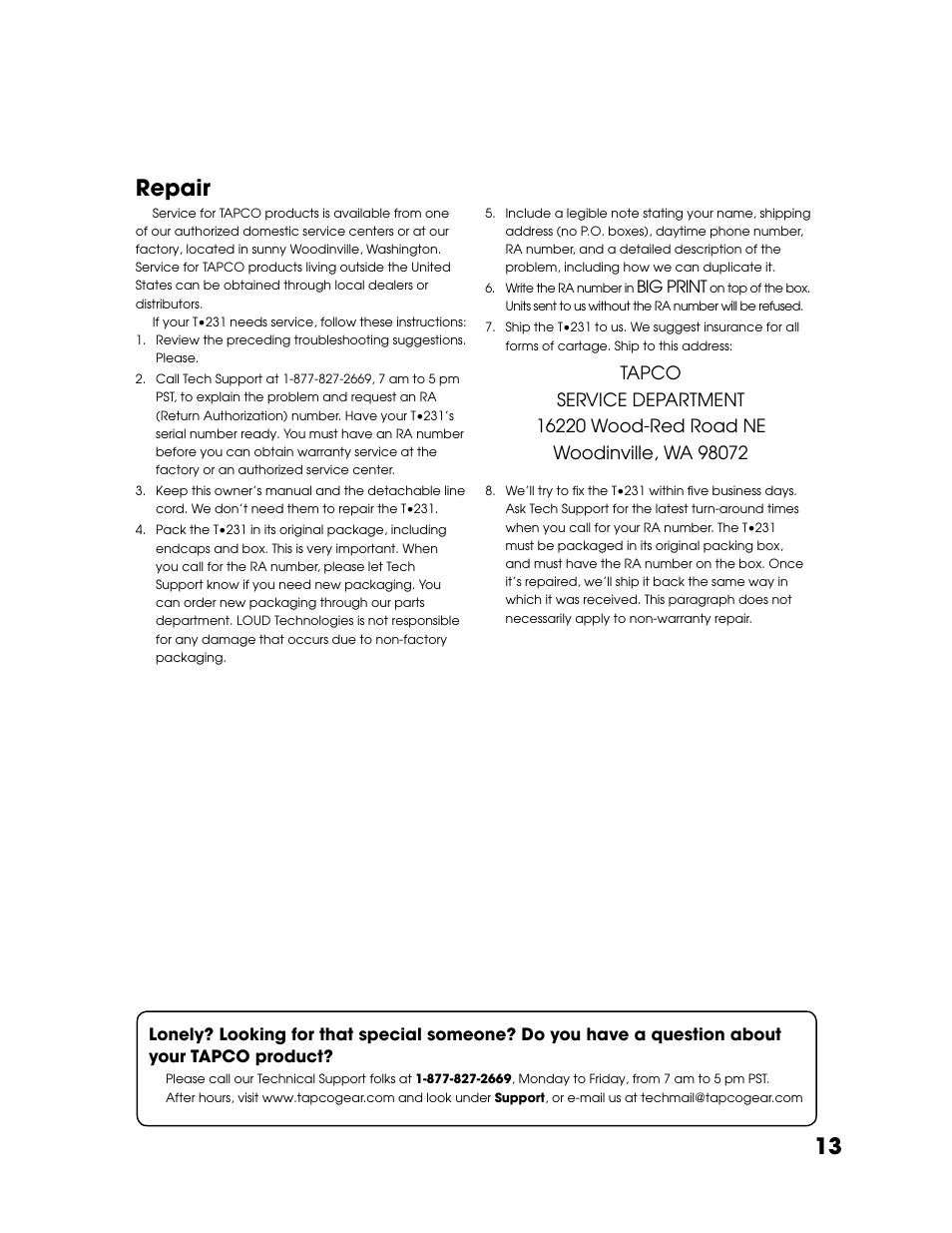 Repair | Tapco T-231 User Manual | Page 13 / 20