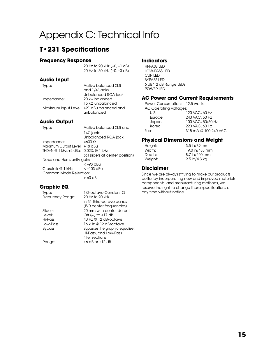 Appendix c: technical info, T•231 specifications, T•231 specifi cations | Tapco T-231 User Manual | Page 15 / 20