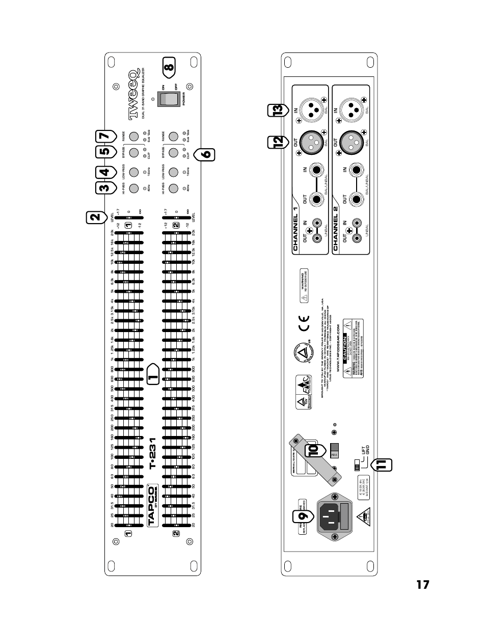 T• 231, Channel 1 channel 2 | Tapco T-231 User Manual | Page 17 / 20