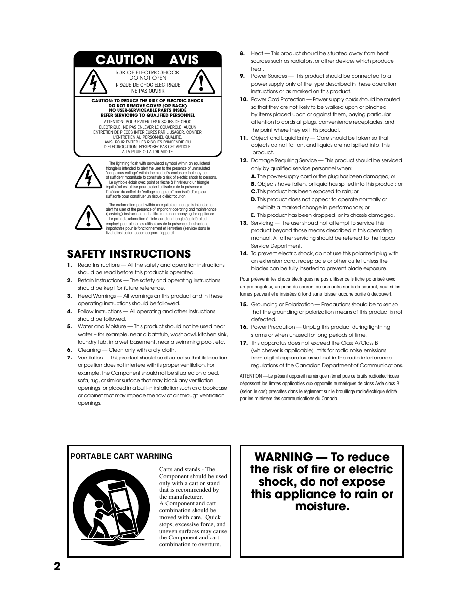 Safety instructions, Caution avis, 2safety instructions | Portable cart warning | Tapco T-231 User Manual | Page 2 / 20