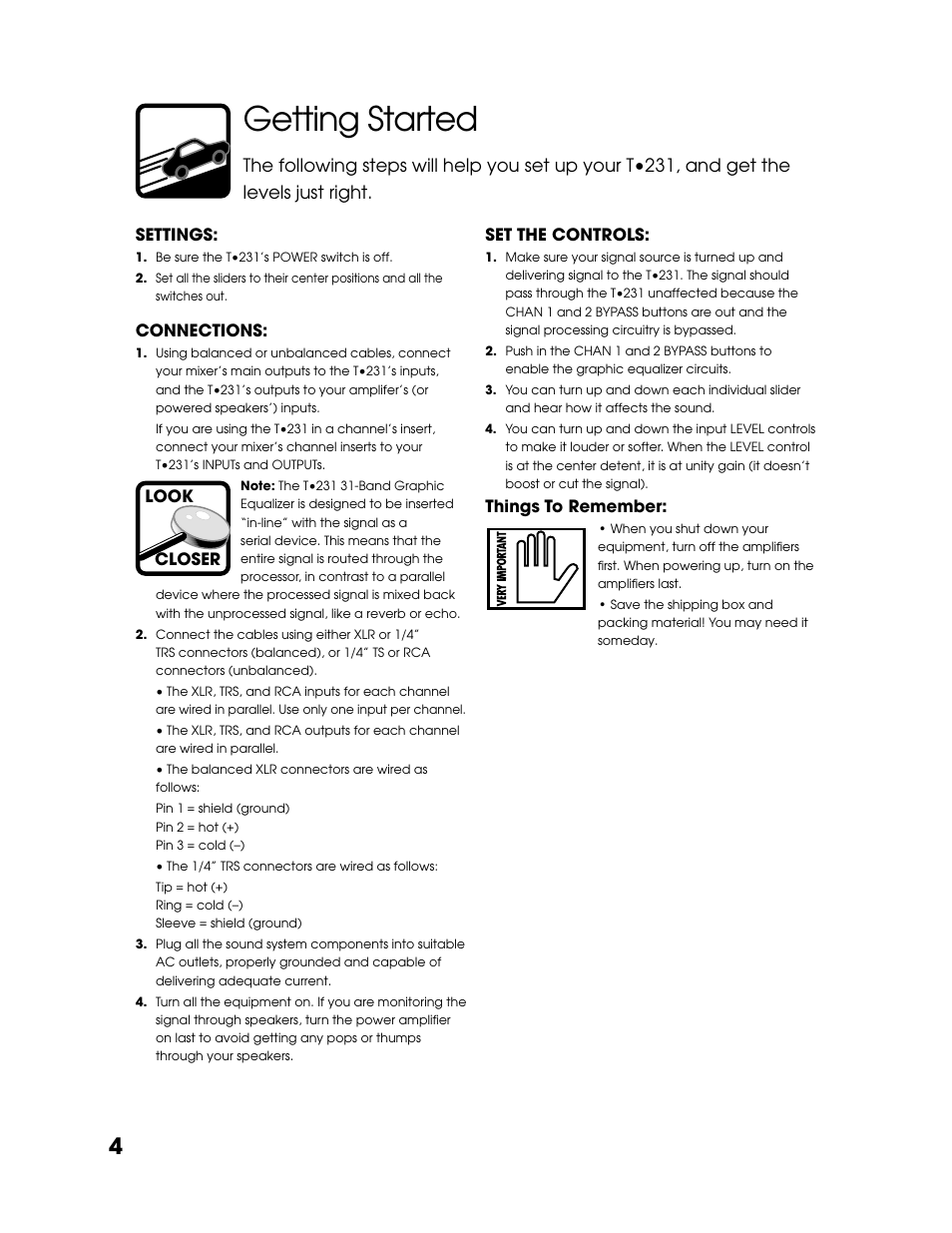 Getting started | Tapco T-231 User Manual | Page 4 / 20