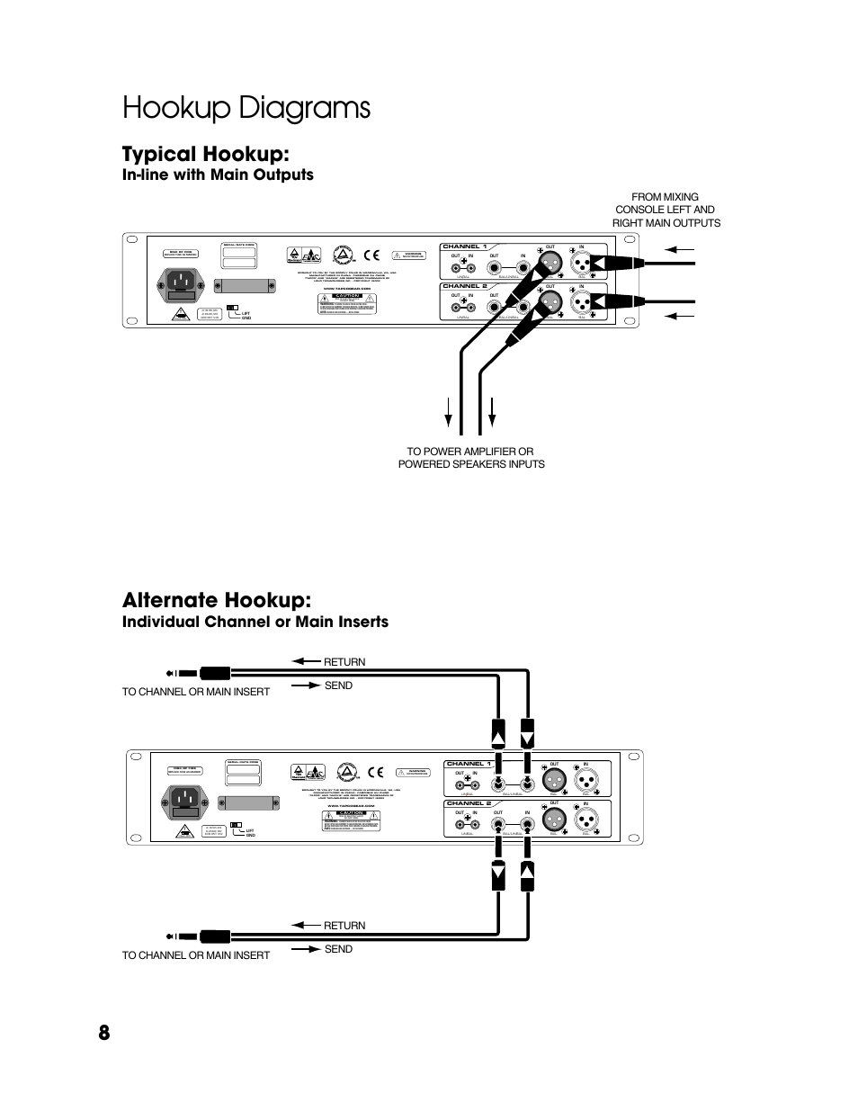 Hookup diagrams, Typical hookup: in-line with main outputs, Typical hookup | Alternate hookup, In-line with main outputs, Individual channel or main inserts | Tapco T-231 User Manual | Page 8 / 20