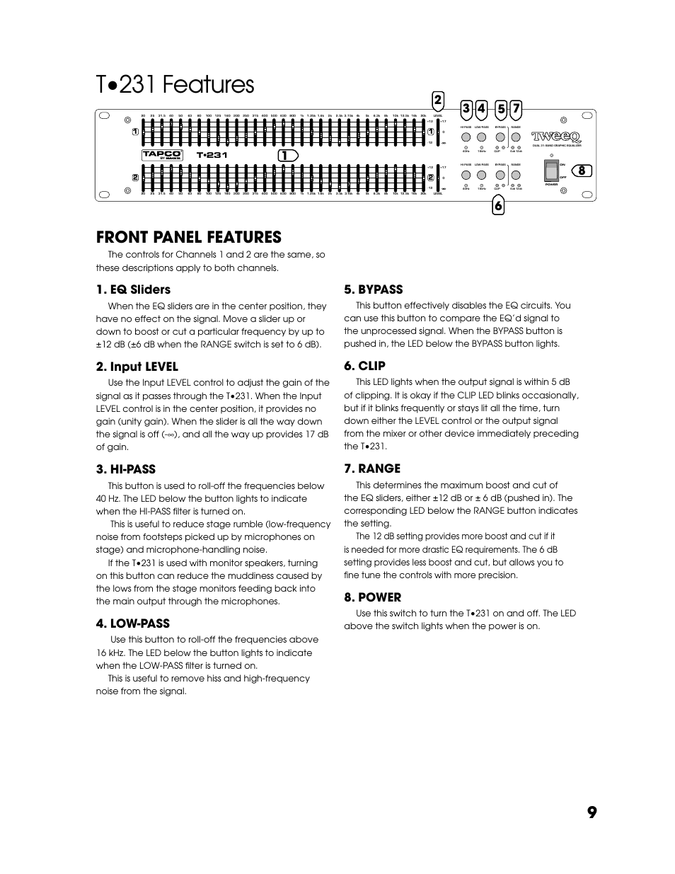 T•231 features, Front panel features, Eq sliders | Input level, Hi-pass, Low-pass, Bypass, Clip, Range, Power | Tapco T-231 User Manual | Page 9 / 20
