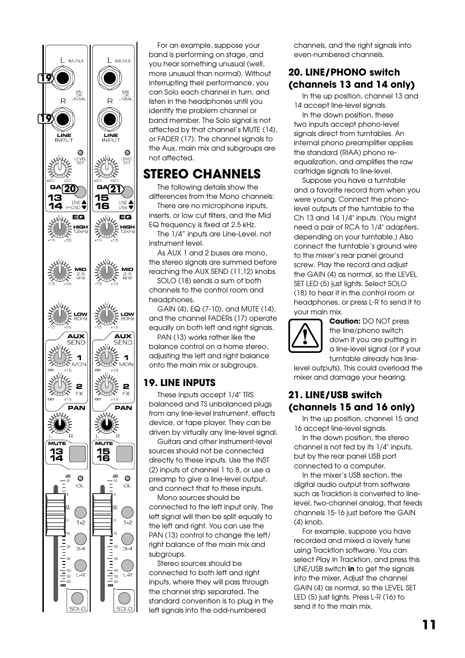 Stereo channels, Line inputs, Line/phono switch (channels 1 and 1 only) | Line/usb switch (channels 15 and 16 only) | Tapco Blend 16 User Manual | Page 11 / 28