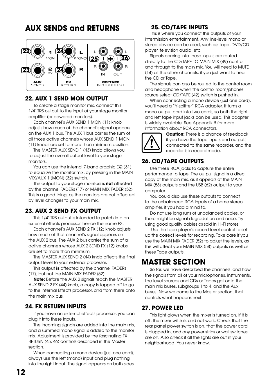 Aux sends and returns, Master section, 1 aux sends and returns | Aux 1 send mon output, Aux  send fx output, Fx return inputs, Cd/tape inputs, Cd/tape outputs, Power led | Tapco Blend 16 User Manual | Page 12 / 28