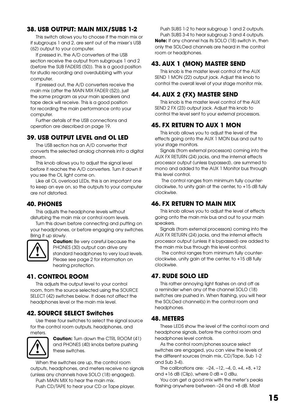 Usb output: main mix/subs 1, Usb output level and ol led, Phones | Control room, Source select switches, Aux 1 (mon) master send, Aux  (fx) master send, Fx return to aux 1 mon, Fx return to main mix, Rude solo led | Tapco Blend 16 User Manual | Page 15 / 28