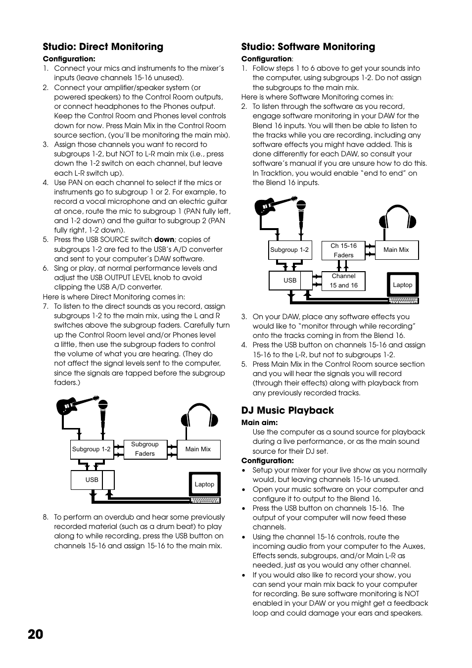 Studio: direct monitoring, Studio: software monitoring, Dj music playback | Tapco Blend 16 User Manual | Page 20 / 28