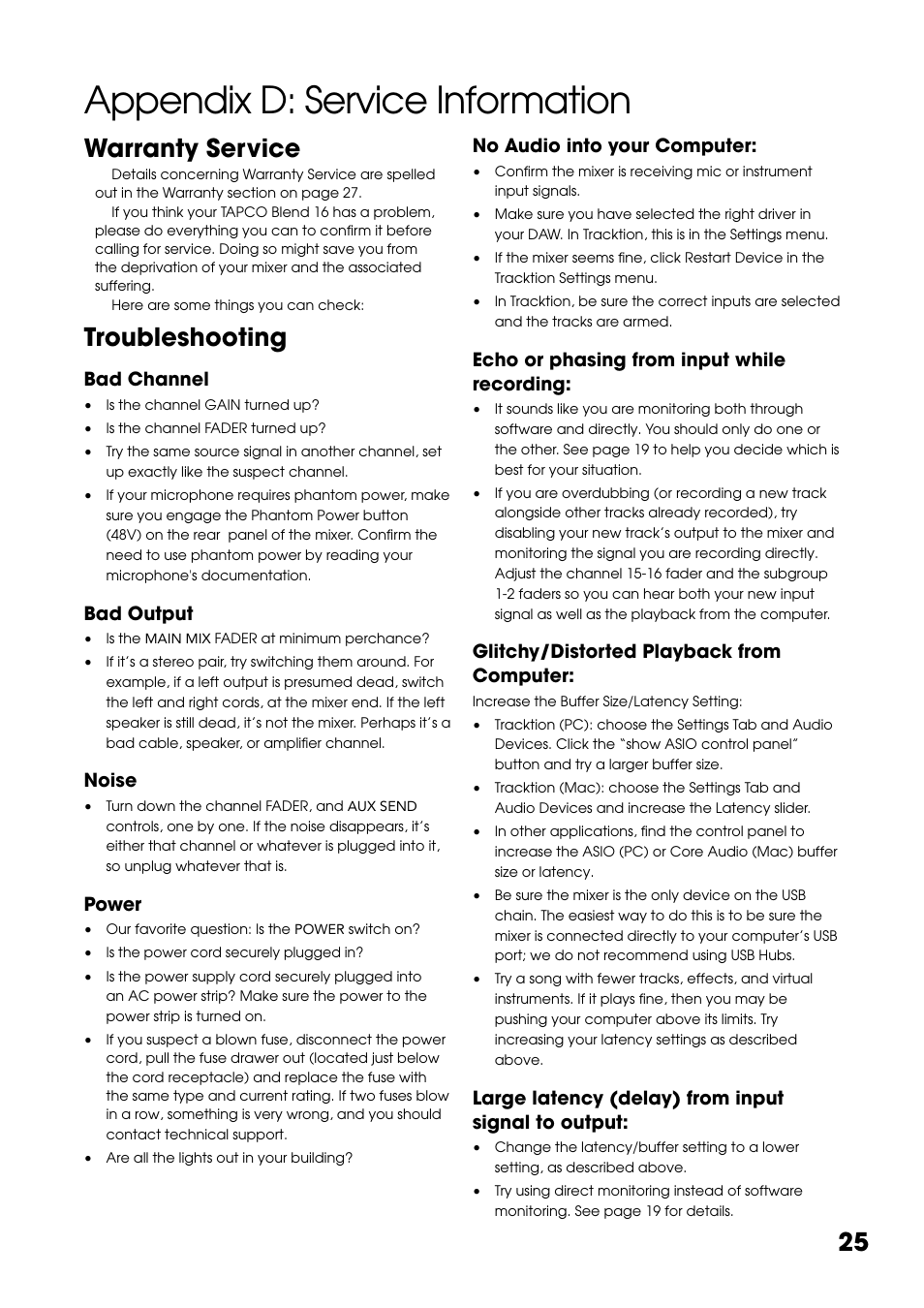 Appendix d: service information, Warranty service, Troubleshooting | Tapco Blend 16 User Manual | Page 25 / 28