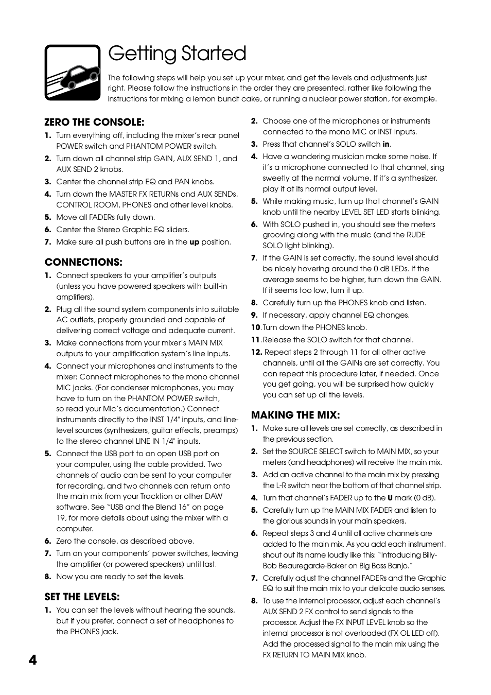 Getting started, Zero the console, Connections | Set the levels, Making the mix | Tapco Blend 16 User Manual | Page 4 / 28