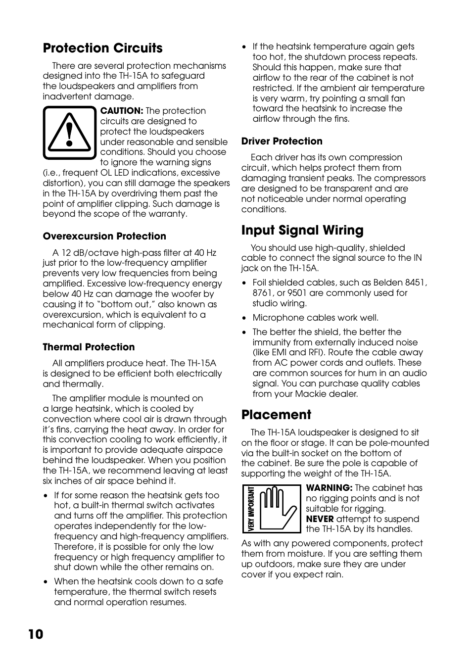 Protection circuits, Input signal wiring, Placement | Protection circuits input signal wiring placement, 10 protection circuits | Tapco THUMP TH-15A User Manual | Page 10 / 16