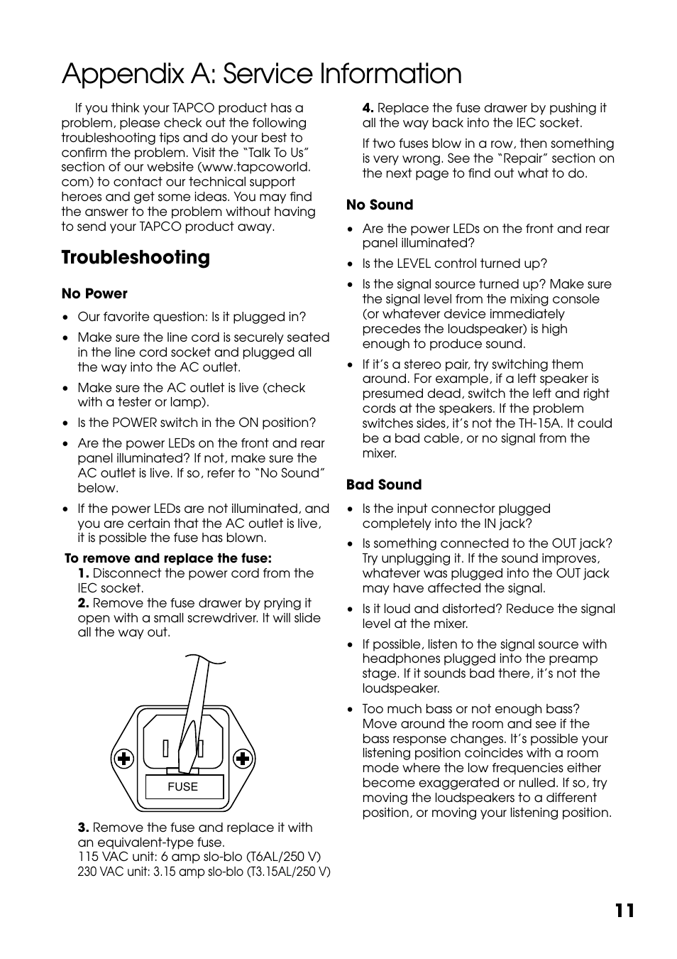 Appendix a: service information, Troubleshooting | Tapco THUMP TH-15A User Manual | Page 11 / 16