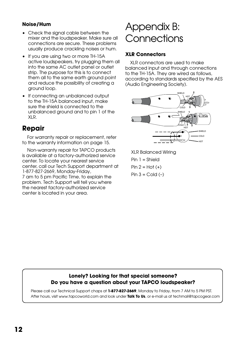 Appendix b: connections, Repair, Noise/hum | Xlr connectors | Tapco THUMP TH-15A User Manual | Page 12 / 16