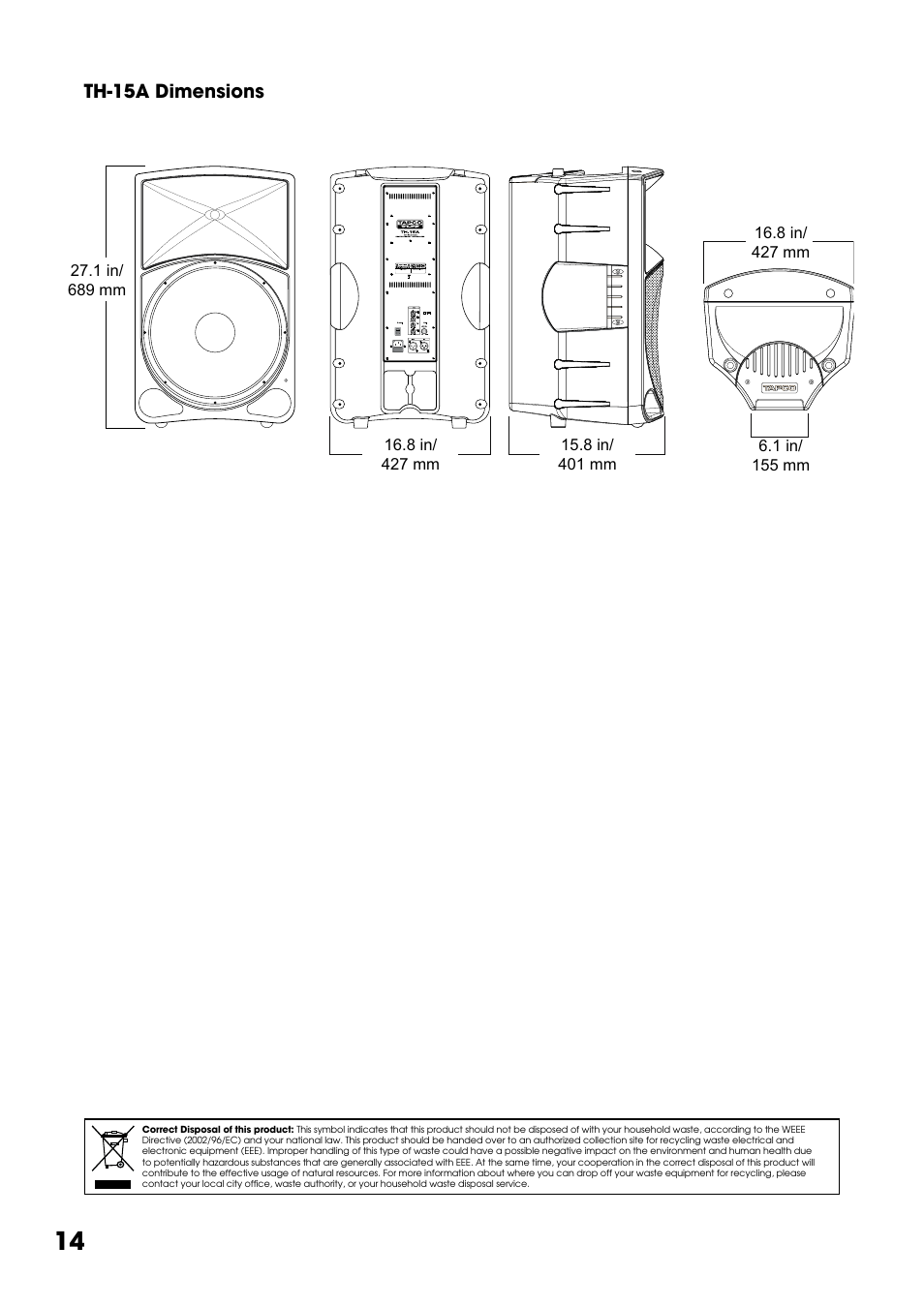 Th-15a dimensions | Tapco THUMP TH-15A User Manual | Page 14 / 16