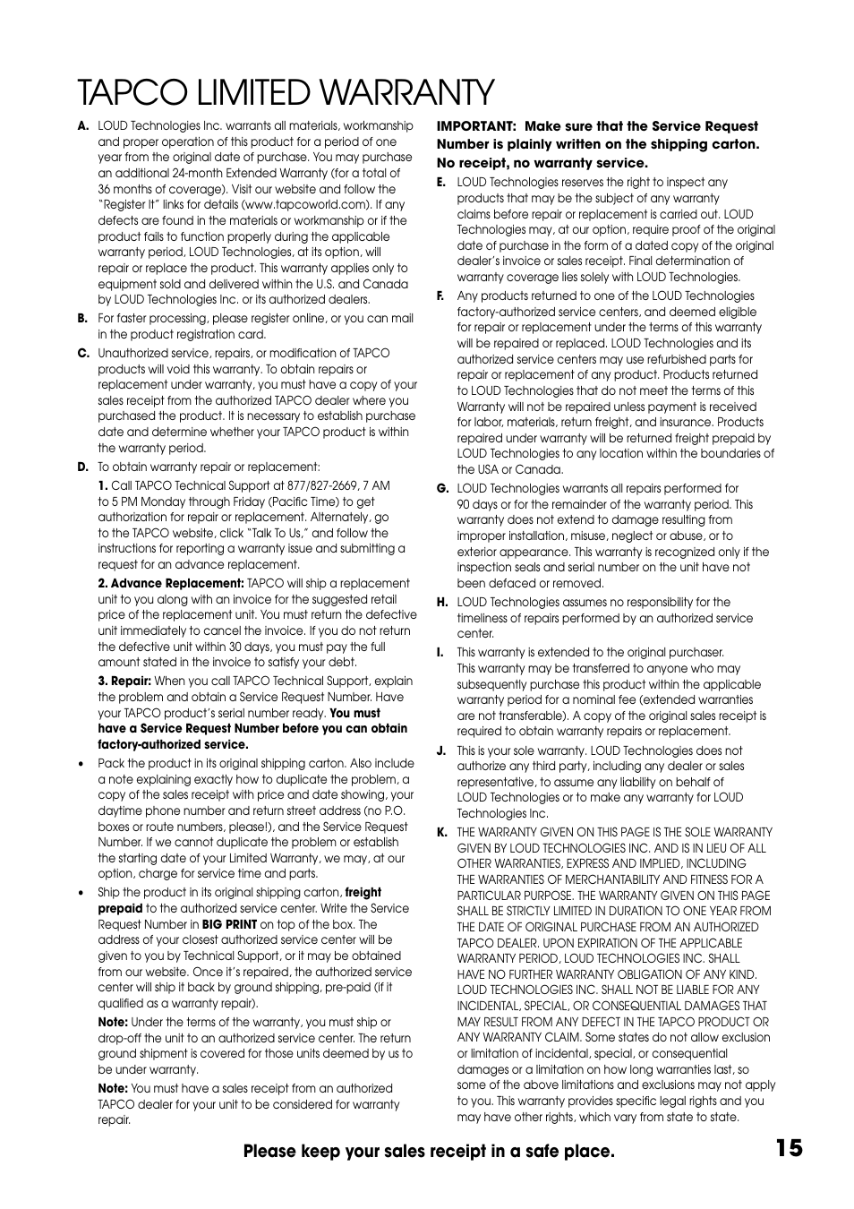 Tapco limited warranty, Please keep your sales receipt in a safe place | Tapco THUMP TH-15A User Manual | Page 15 / 16