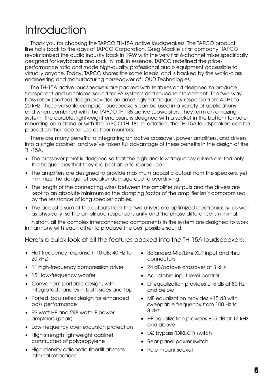 Introduction | Tapco THUMP TH-15A User Manual | Page 5 / 16