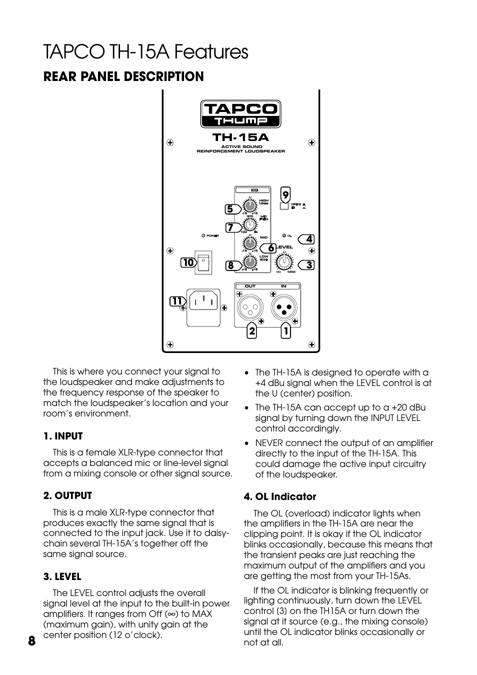 Tapco th-15a features, Rear panel description, Input | Output, Level, Ol indicator, Th-15a | Tapco THUMP TH-15A User Manual | Page 8 / 16