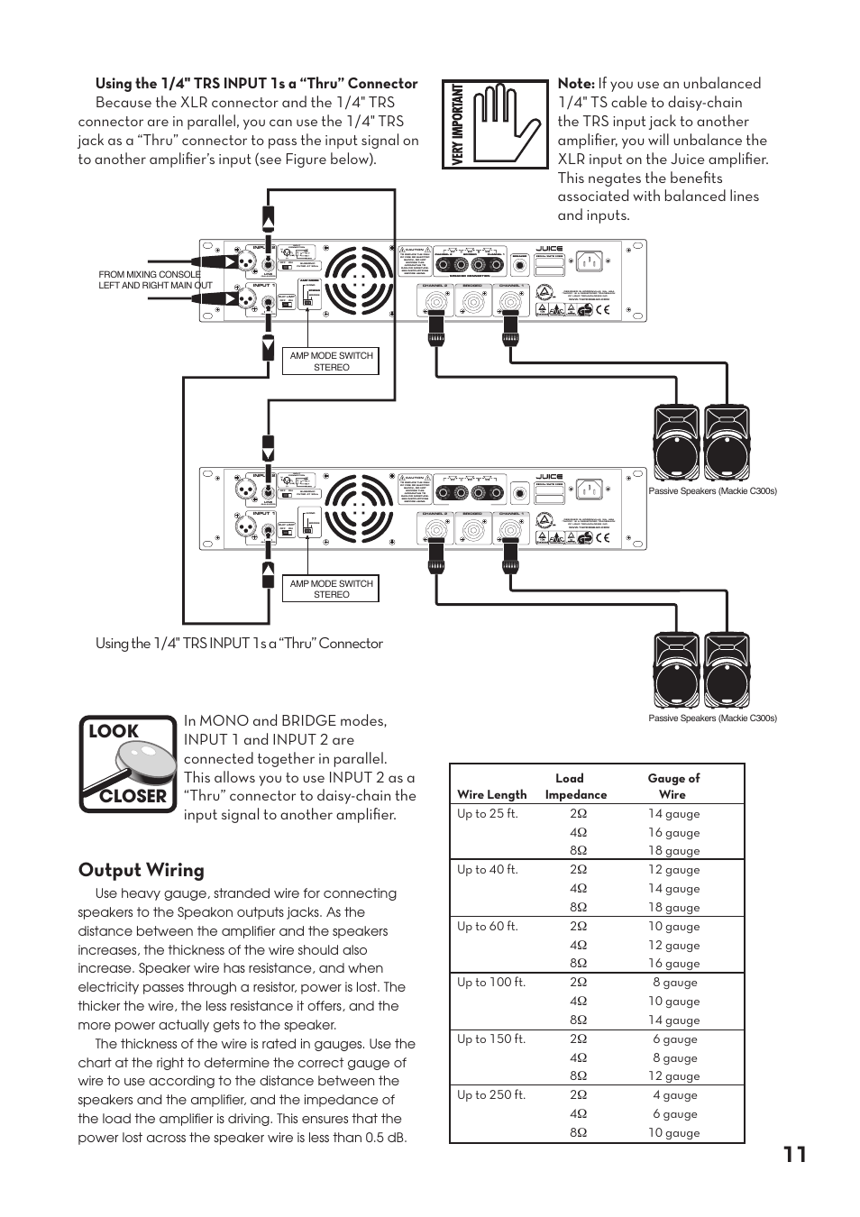 Master section, Output wiring, Look closer | Using the 1/4" trs input 1s a “thru” connector, Balanced), Input connection | Tapco pmn User Manual | Page 11 / 20
