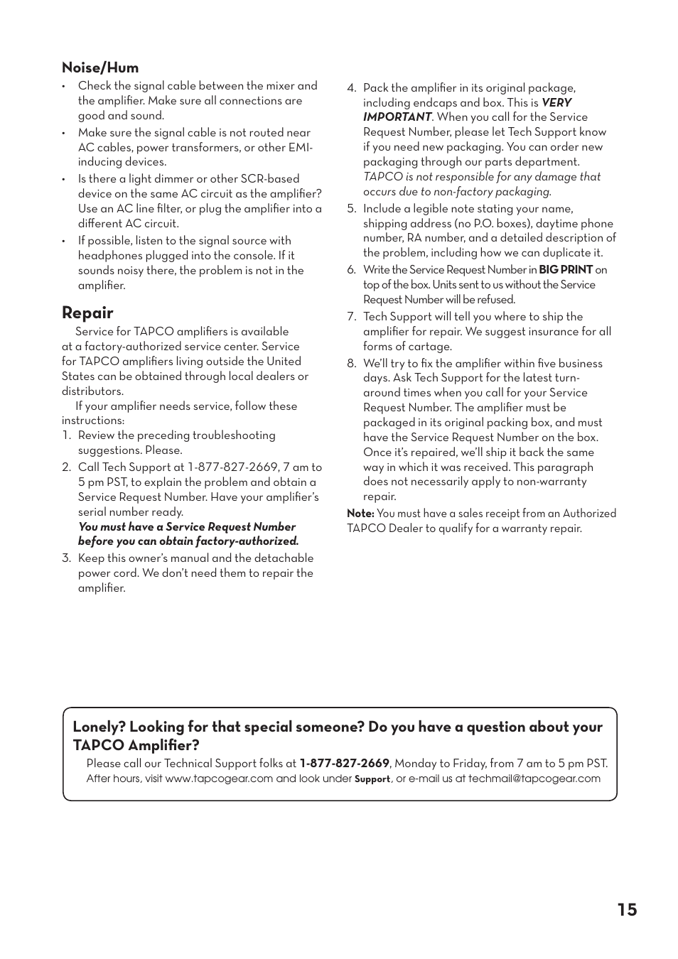 Appendix a: service information, Repair, Noise/hum | Tapco pmn User Manual | Page 15 / 20