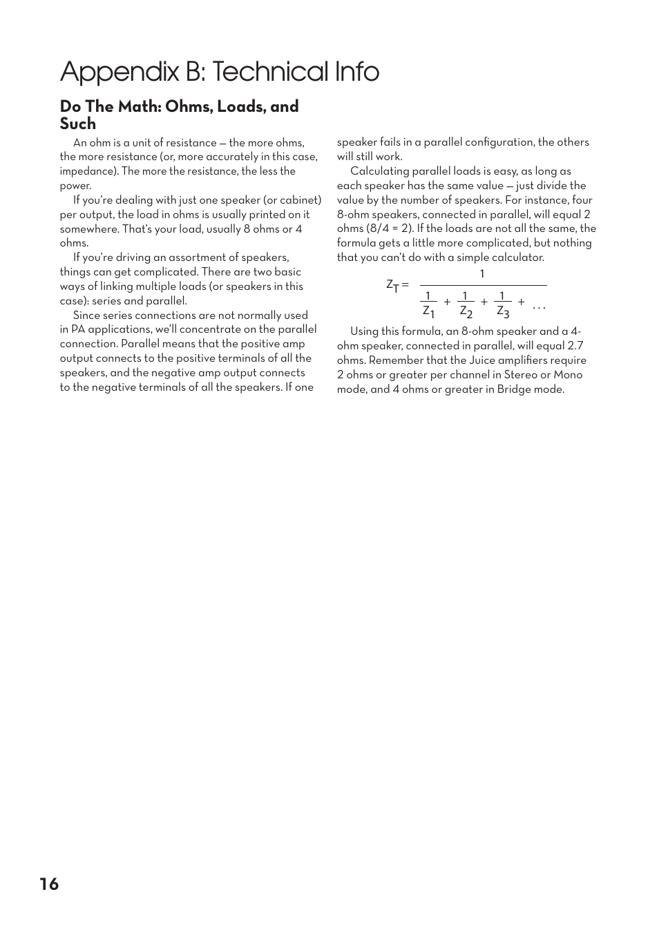 Appendix b: connections, Appendix b: technical info, Do the math: ohms, loads, and such | Tapco pmn User Manual | Page 16 / 20
