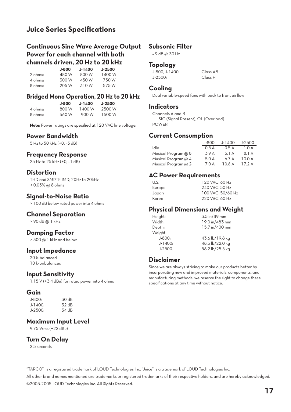 17 juice series speciﬁcations, Subsonic filter, Topology | Cooling, Indicators, Current consumption, Ac power requirements, Physical dimensions and weight, Disclaimer, Bridged mono operation, 20 hz to 20 khz | Tapco pmn User Manual | Page 17 / 20