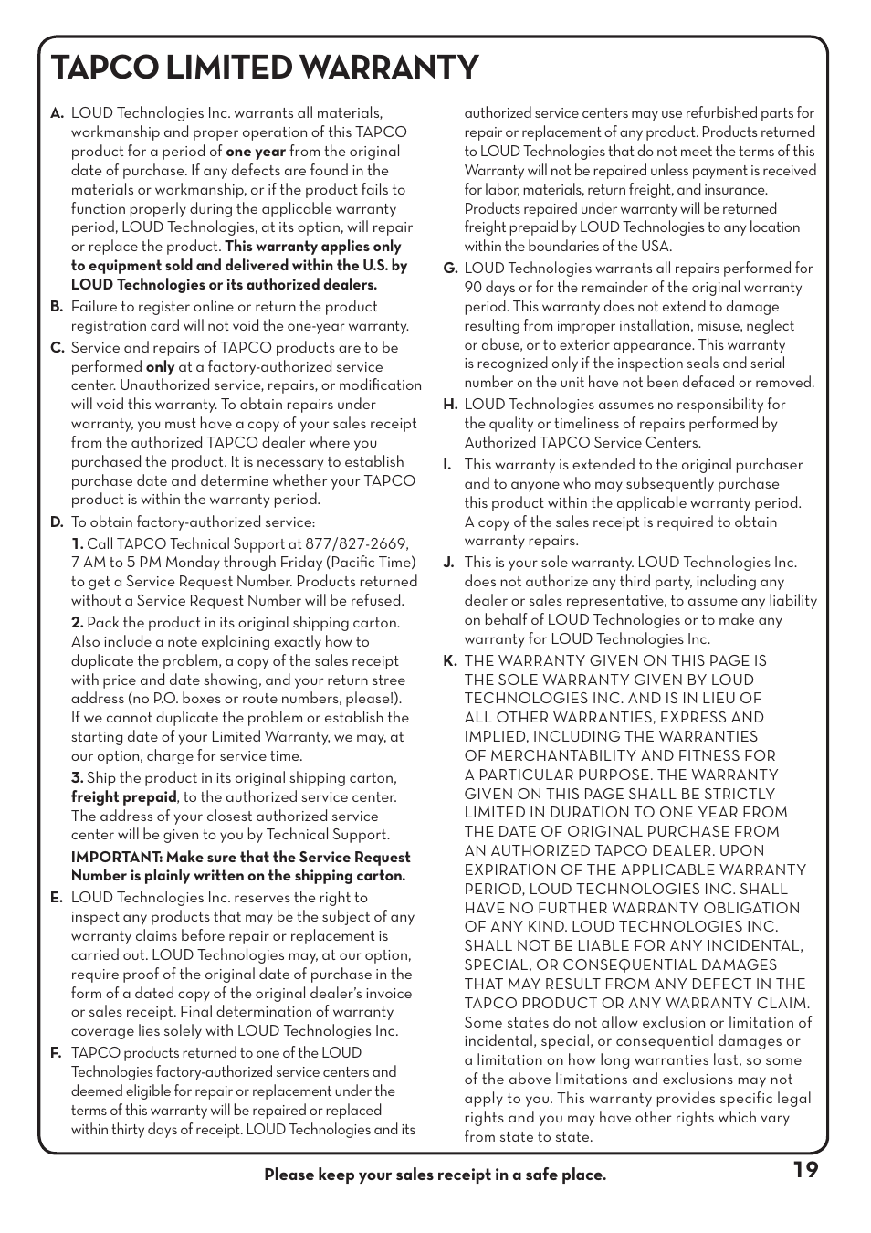 Tapco limited warranty | Tapco pmn User Manual | Page 19 / 20