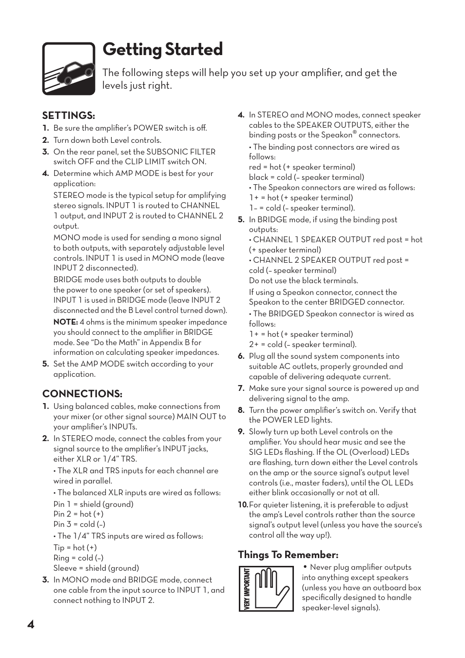 Getting started, Connections, Things to remember | Tapco pmn User Manual | Page 4 / 20