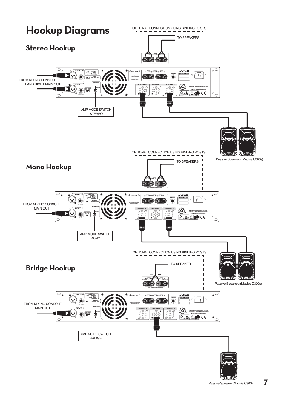 Hookup diagrams, Stereo hookup mono hookup bridge hookup | Tapco pmn User Manual | Page 7 / 20