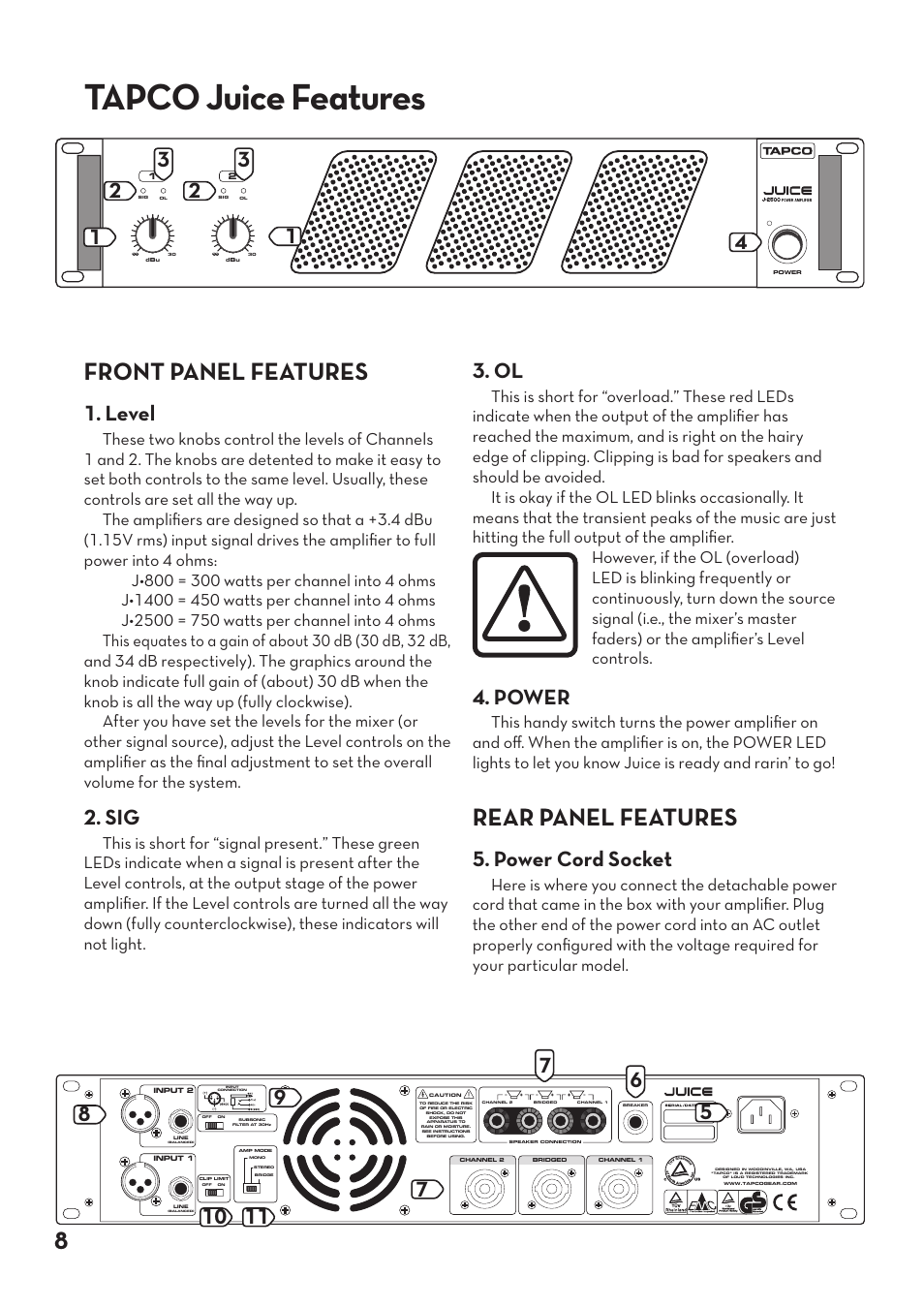 Channel inputs, Tapco 6306 features, Tapco juice features | 8front panel features, Rear panel features, Level, Power, Power cord socket | Tapco pmn User Manual | Page 8 / 20