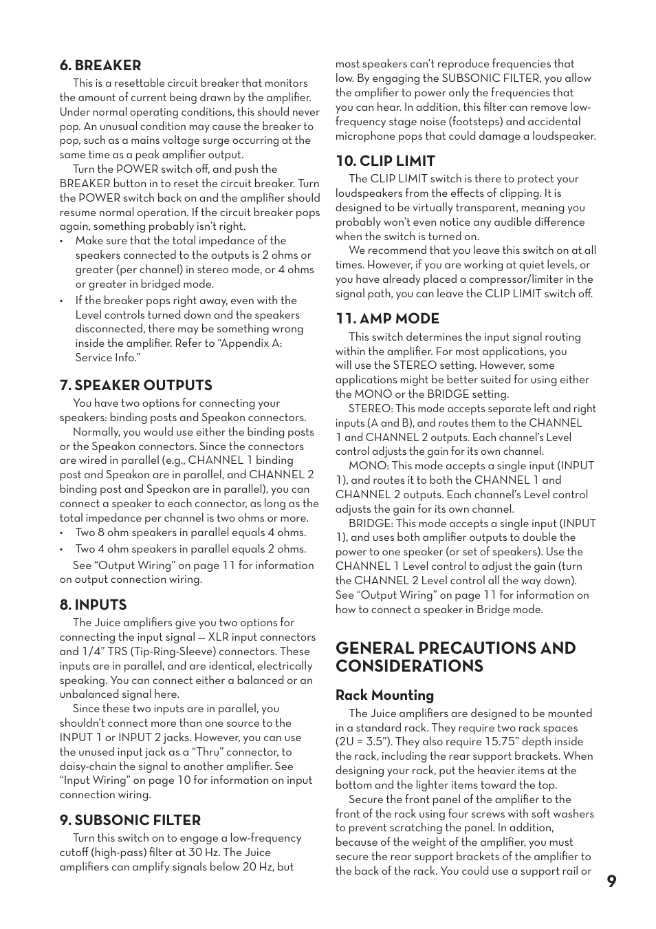 Auxiliaries, Equalization, Channel controls | General precautions and considerations, Breaker, Speaker outputs, Inputs, Subsonic filter, Clip limit, Amp mode | Tapco pmn User Manual | Page 9 / 20