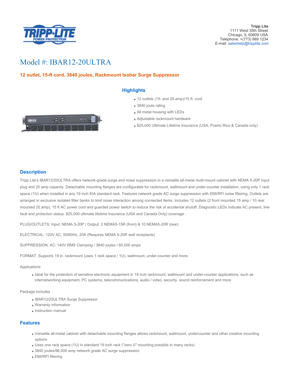 Tripp Lite IBAR12-20ULTRA User Manual | 4 pages