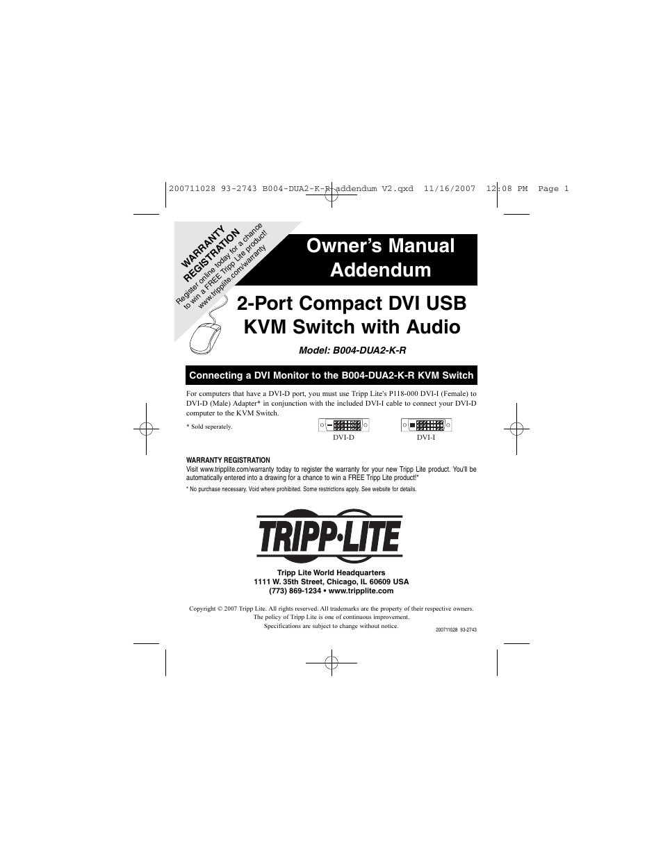 Tripp Lite 2-PORT COMPACT DVI USB B004-DUA2-K-R User Manual | 1 page