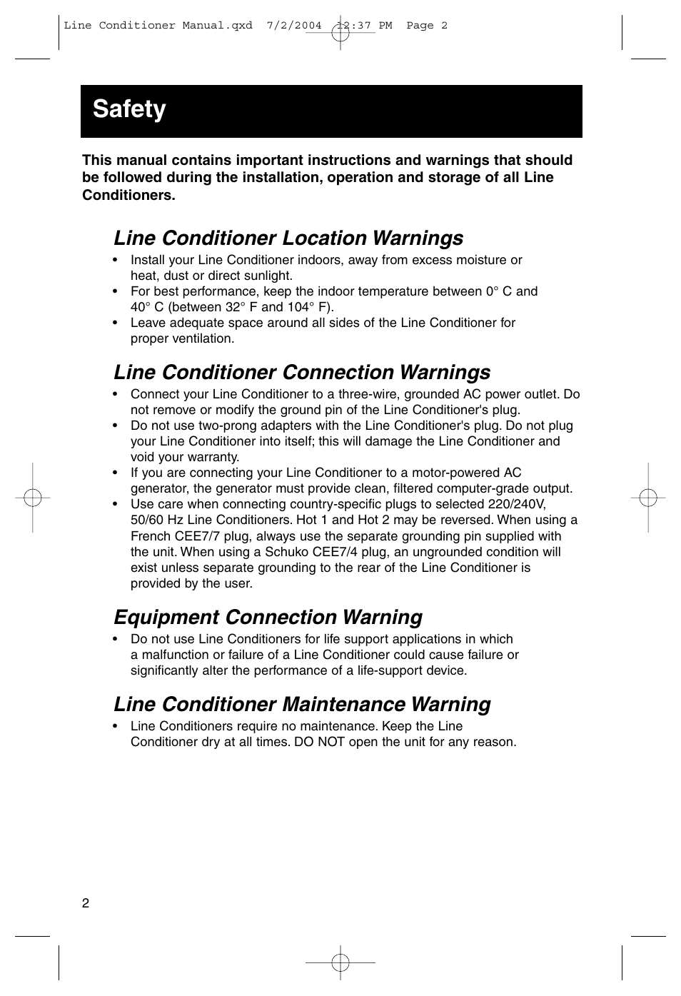 Safety, Line conditioner location warnings, Line conditioner connection warnings | Equipment connection warning, Line conditioner maintenance warning | Tripp Lite Line Conditioner 230V User Manual | Page 2 / 6