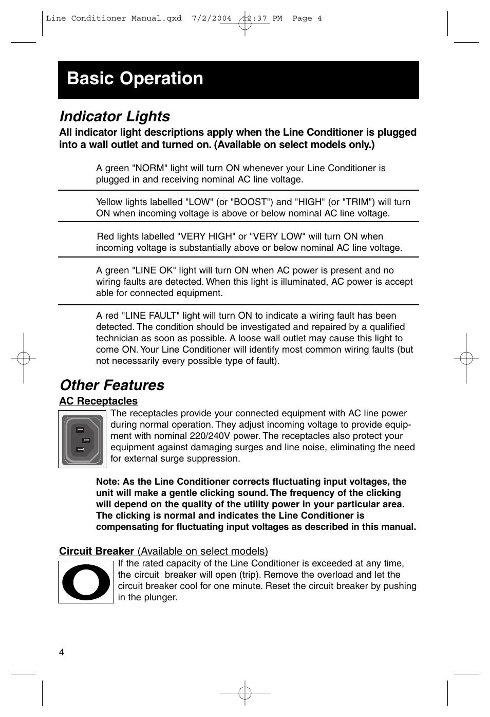 Basic operation, Indicator lights, Other features | Tripp Lite Line Conditioner 230V User Manual | Page 4 / 6