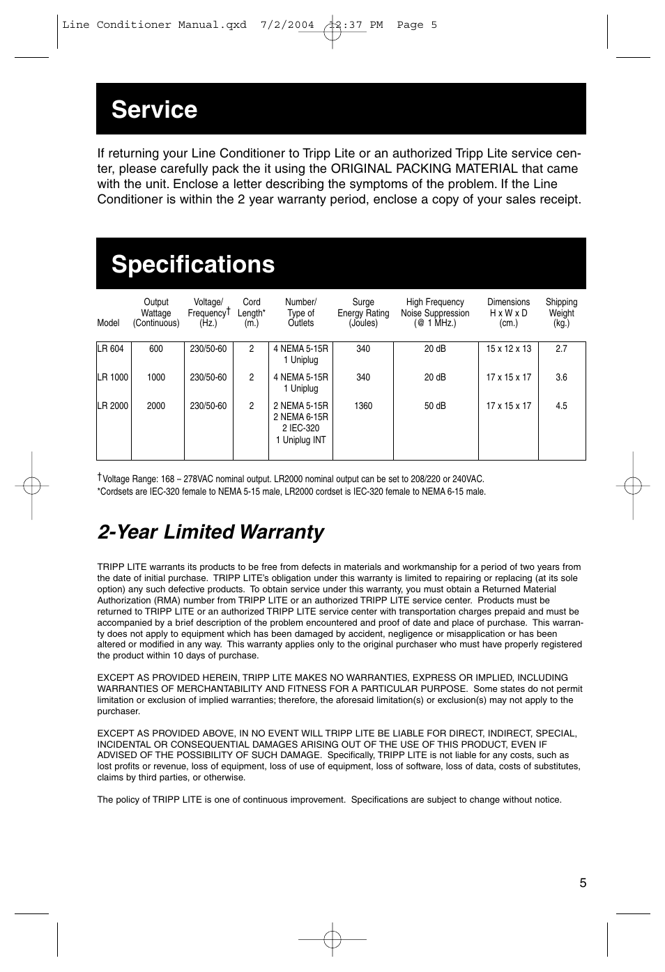 Service specifications, Year limited warranty | Tripp Lite Line Conditioner 230V User Manual | Page 5 / 6