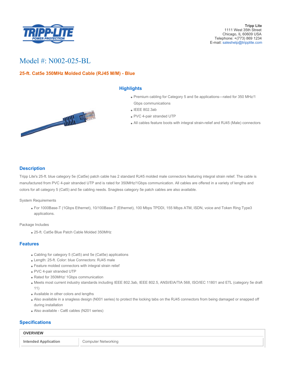 Tripp Lite N002-025-BL User Manual | 3 pages