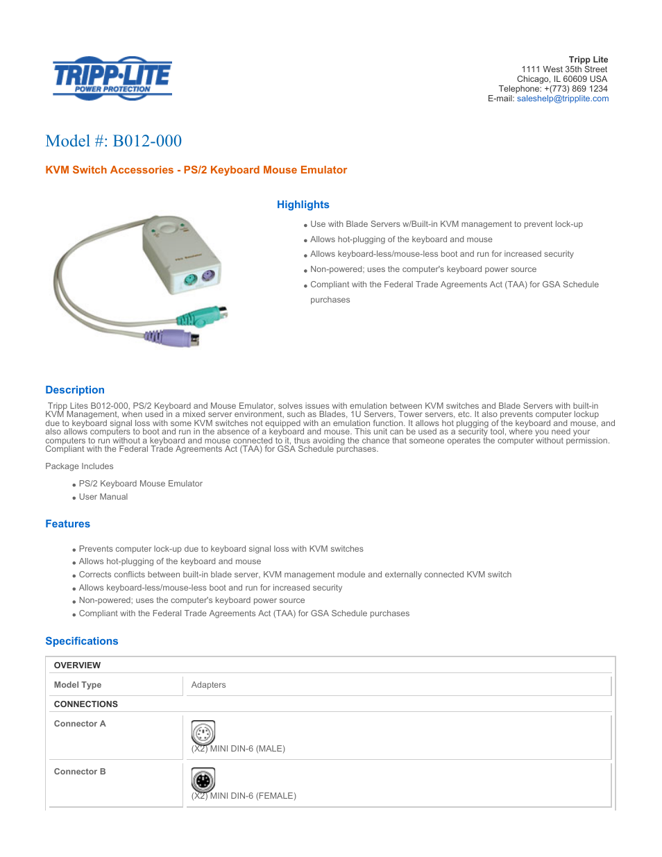 Tripp Lite B012-000 User Manual | 2 pages