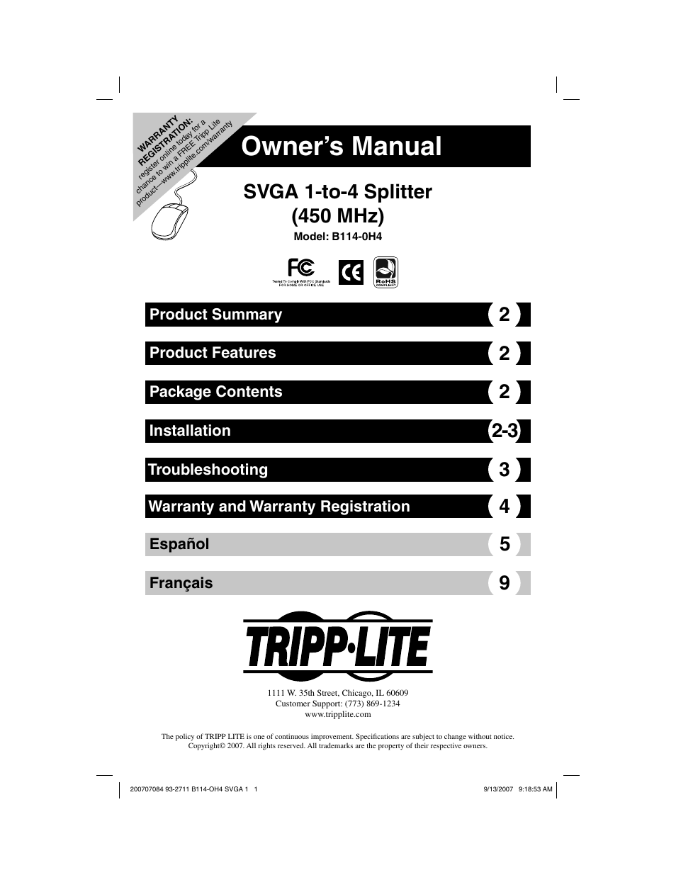 Tripp Lite SVGA 1-to-4 Splitter B114-0H4 User Manual | 5 pages