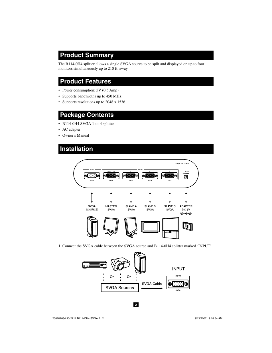 Product summary, Product features, Package contents | Installation | Tripp Lite SVGA 1-to-4 Splitter B114-0H4 User Manual | Page 2 / 5