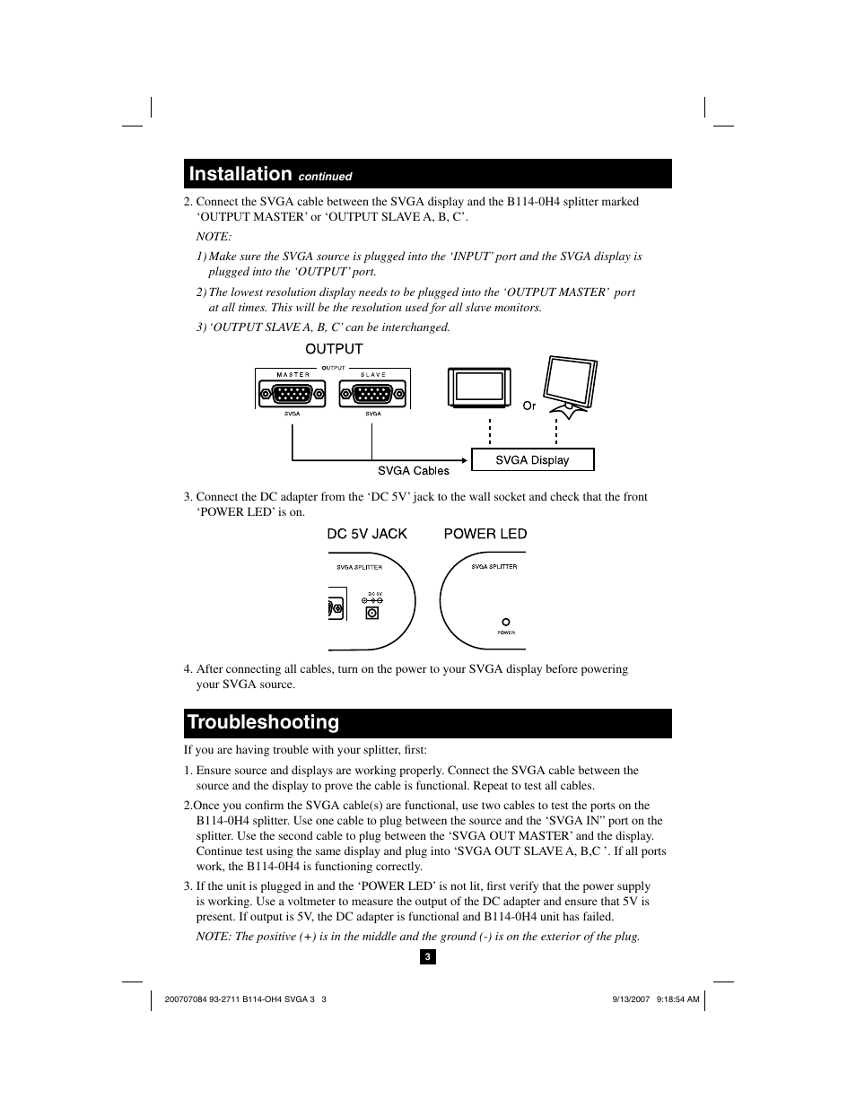 Installation, Troubleshooting | Tripp Lite SVGA 1-to-4 Splitter B114-0H4 User Manual | Page 3 / 5